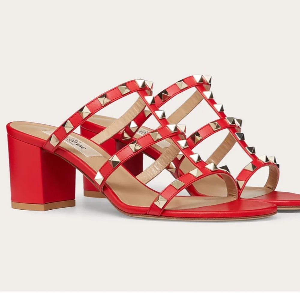 Valentino Garavani Rockstud Caged Block-Heel Slide Sandals RED